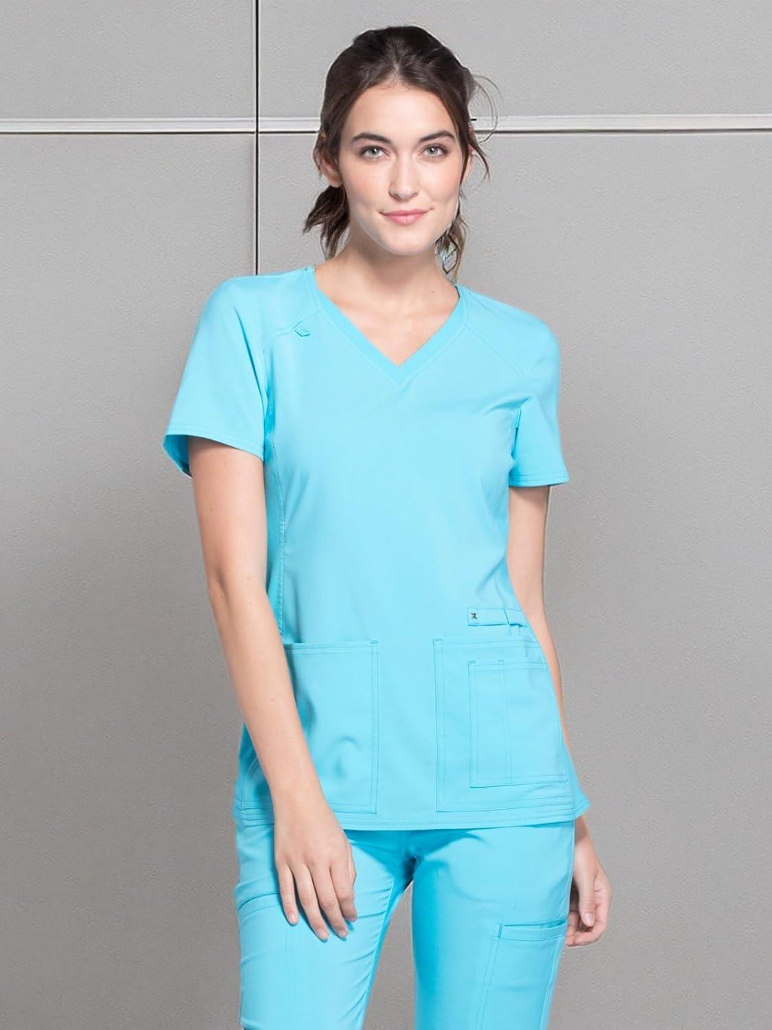 imageCherokee Womens Medical Scrub Top Iflex VNeck Knit Panel Top CK605Turquoise