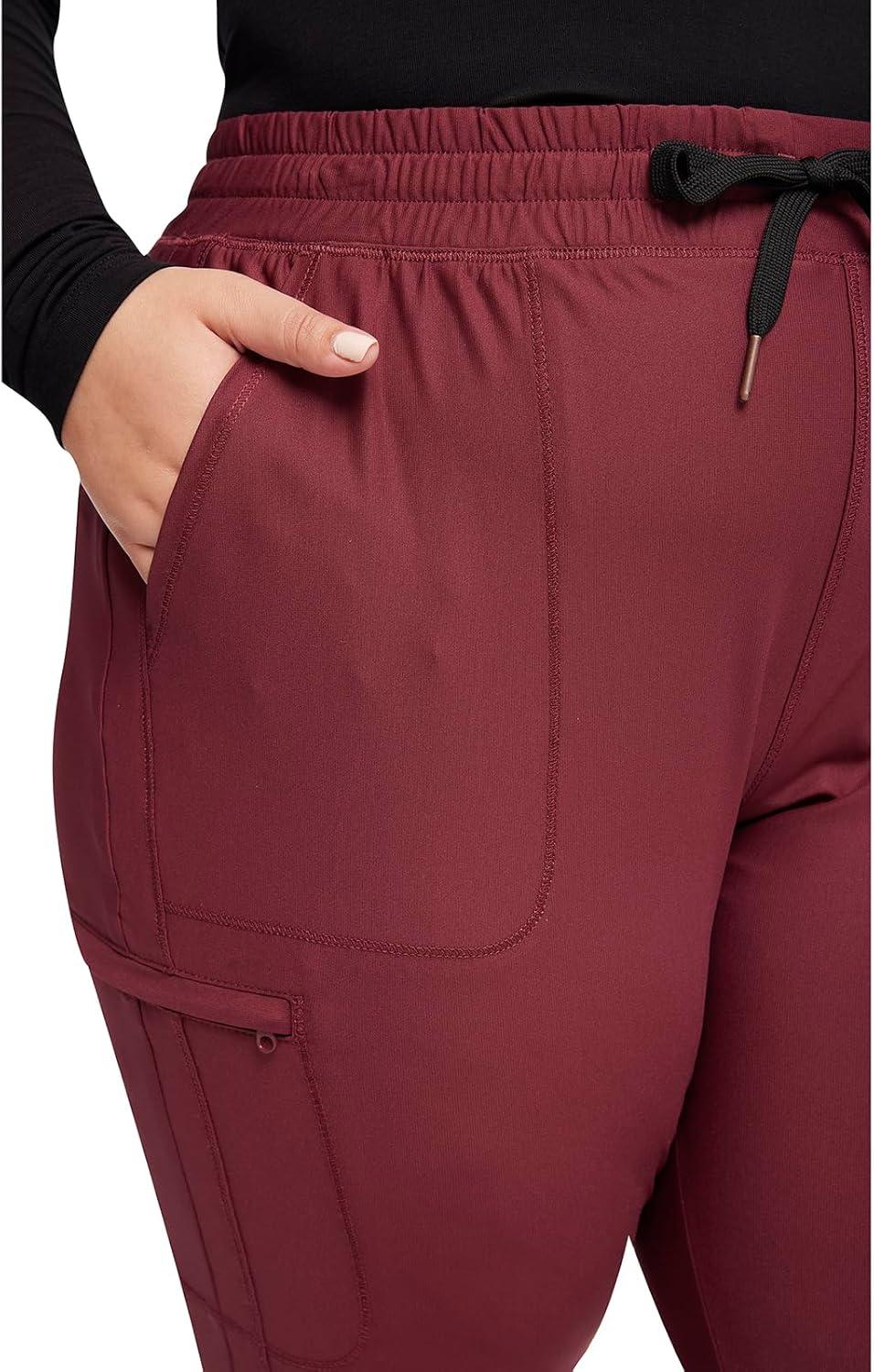 imageCherokee Womens Mid Rise Tapered Leg Drawstring Scrub Pants 5 Pocket 360 Stretch Moisture Wicking Easy Care CK095Cabernet