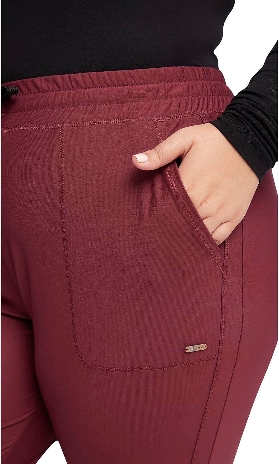 imageCherokee Womens Mid Rise Tapered Leg Drawstring Scrub Pants 5 Pocket 360 Stretch Moisture Wicking Easy Care CK095Cabernet