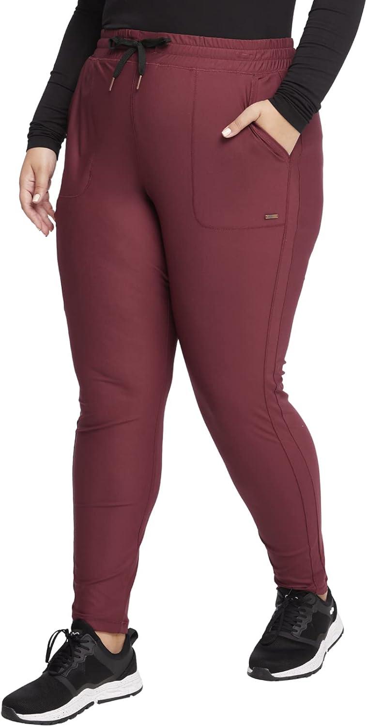 imageCherokee Womens Mid Rise Tapered Leg Drawstring Scrub Pants 5 Pocket 360 Stretch Moisture Wicking Easy Care CK095Cabernet