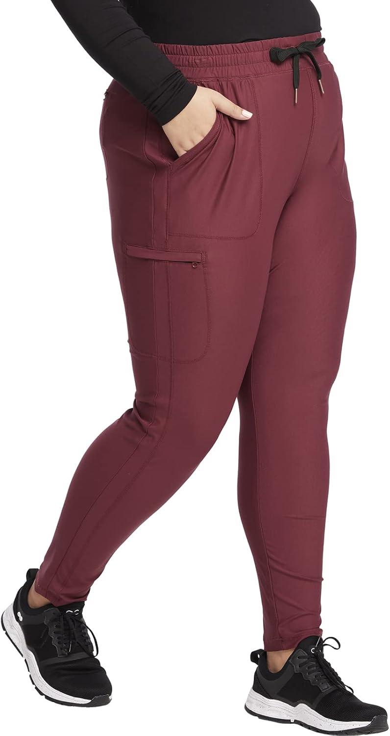 imageCherokee Womens Mid Rise Tapered Leg Drawstring Scrub Pants 5 Pocket 360 Stretch Moisture Wicking Easy Care CK095Cabernet
