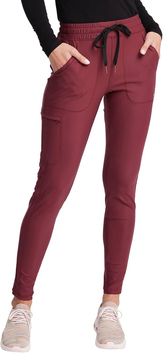 imageCherokee Womens Mid Rise Tapered Leg Drawstring Scrub Pants 5 Pocket 360 Stretch Moisture Wicking Easy Care CK095Cabernet