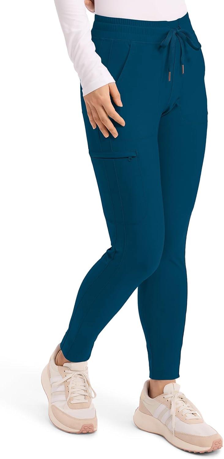 imageCherokee Womens Mid Rise Tapered Leg Drawstring Scrub Pants 5 Pocket 360 Stretch Moisture Wicking Easy Care CK095Caribbean Blue