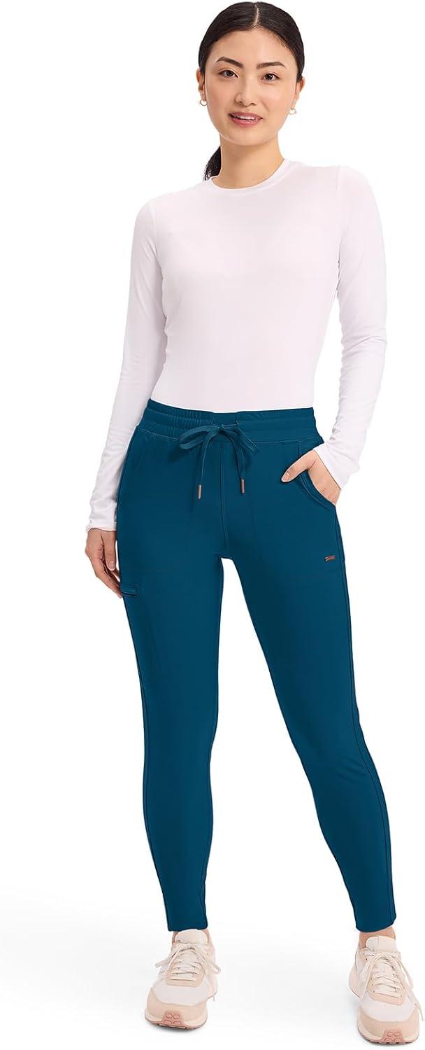 imageCherokee Womens Mid Rise Tapered Leg Drawstring Scrub Pants 5 Pocket 360 Stretch Moisture Wicking Easy Care CK095Caribbean Blue