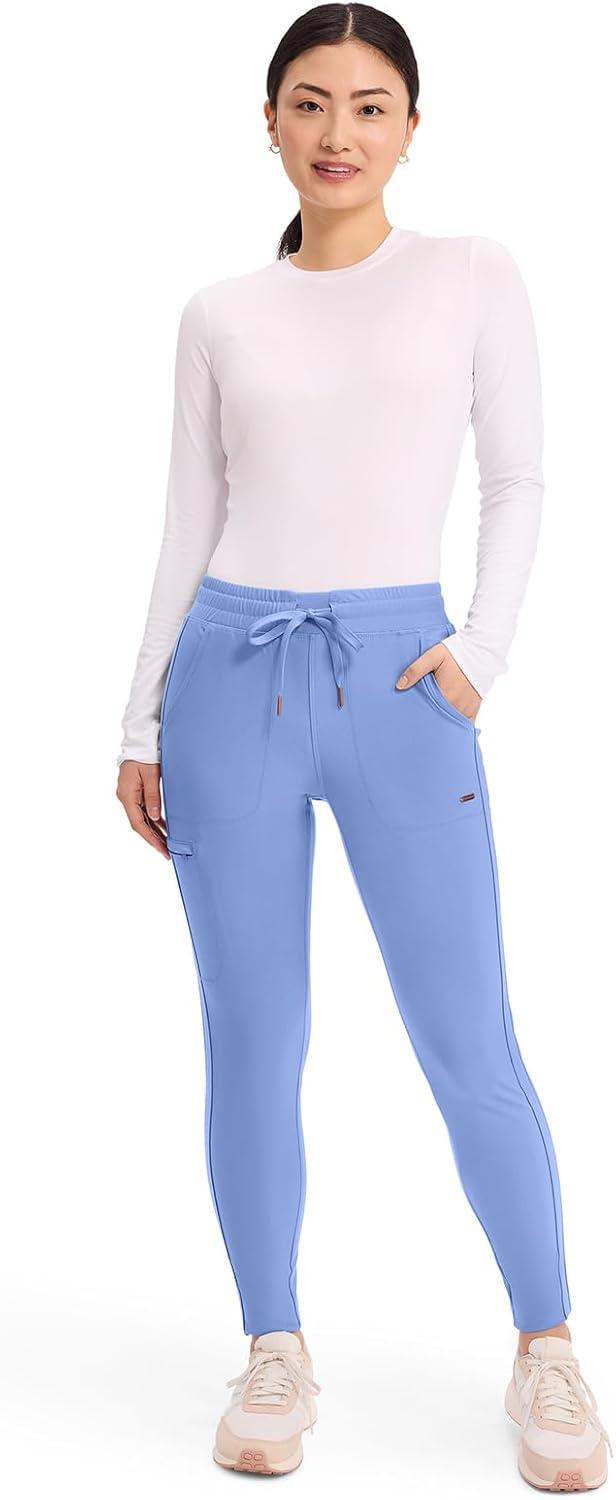 imageCherokee Womens Mid Rise Tapered Leg Drawstring Scrub Pants 5 Pocket 360 Stretch Moisture Wicking Easy Care CK095Ciel Blue