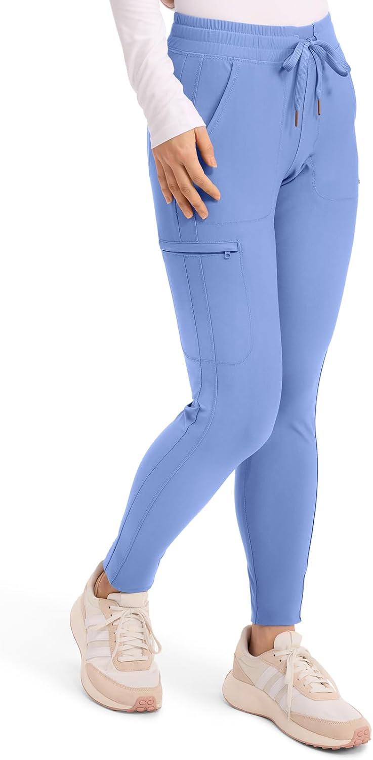 imageCherokee Womens Mid Rise Tapered Leg Drawstring Scrub Pants 5 Pocket 360 Stretch Moisture Wicking Easy Care CK095Ciel Blue