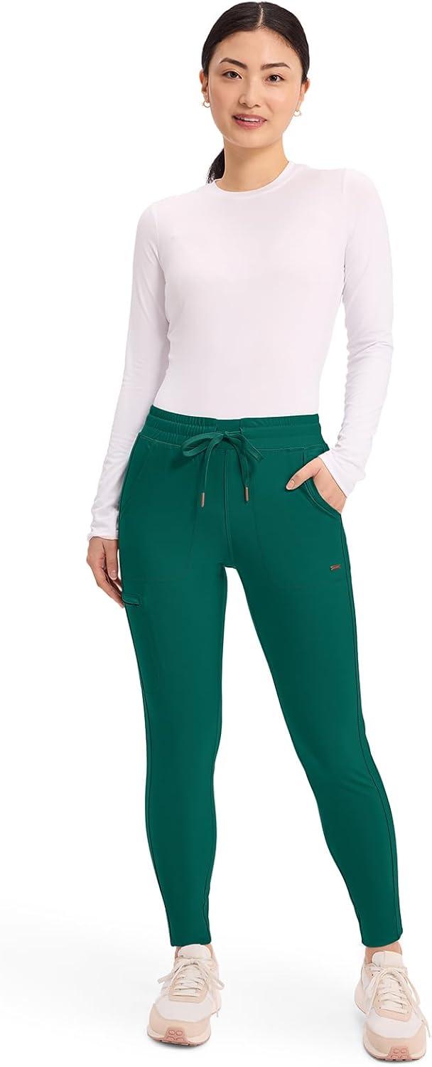 imageCherokee Womens Mid Rise Tapered Leg Drawstring Scrub Pants 5 Pocket 360 Stretch Moisture Wicking Easy Care CK095Hunter Green