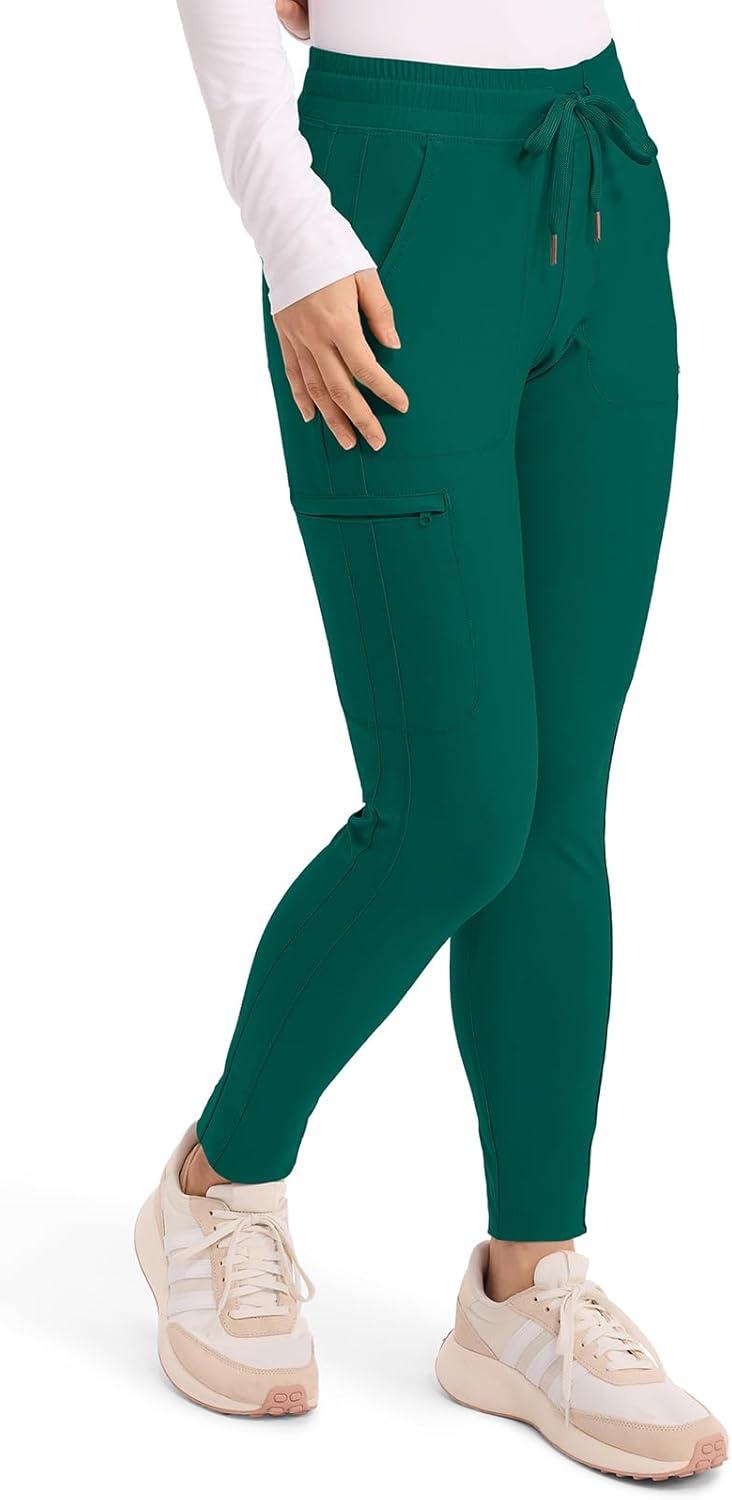 imageCherokee Womens Mid Rise Tapered Leg Drawstring Scrub Pants 5 Pocket 360 Stretch Moisture Wicking Easy Care CK095Hunter Green