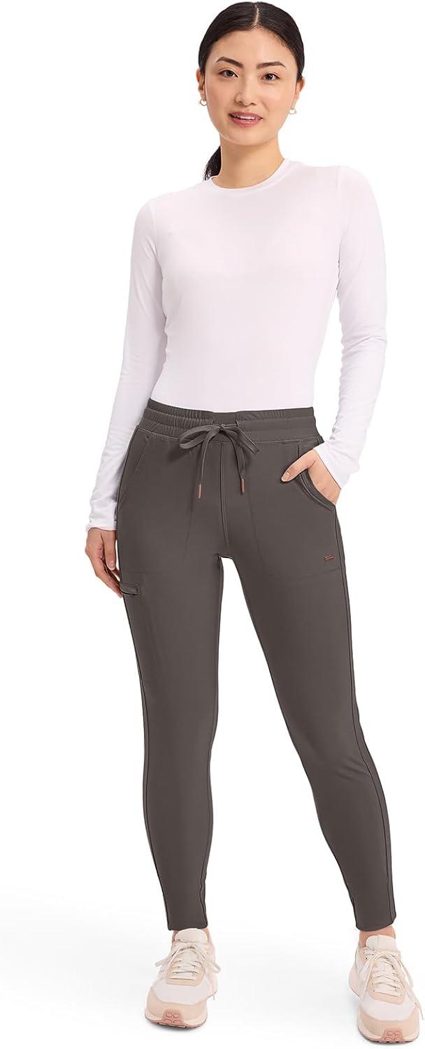 imageCherokee Womens Mid Rise Tapered Leg Drawstring Scrub Pants 5 Pocket 360 Stretch Moisture Wicking Easy Care CK095Iron