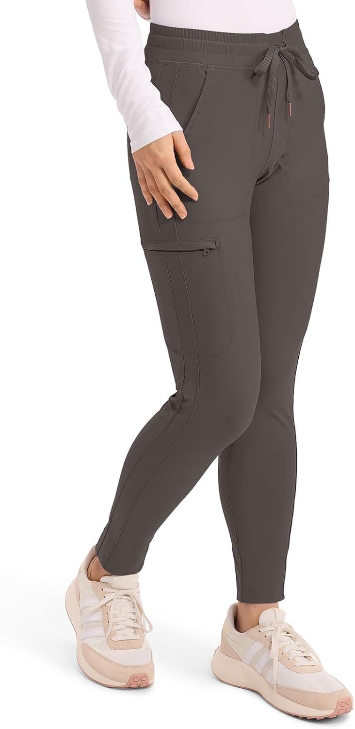 imageCherokee Womens Mid Rise Tapered Leg Drawstring Scrub Pants 5 Pocket 360 Stretch Moisture Wicking Easy Care CK095Iron