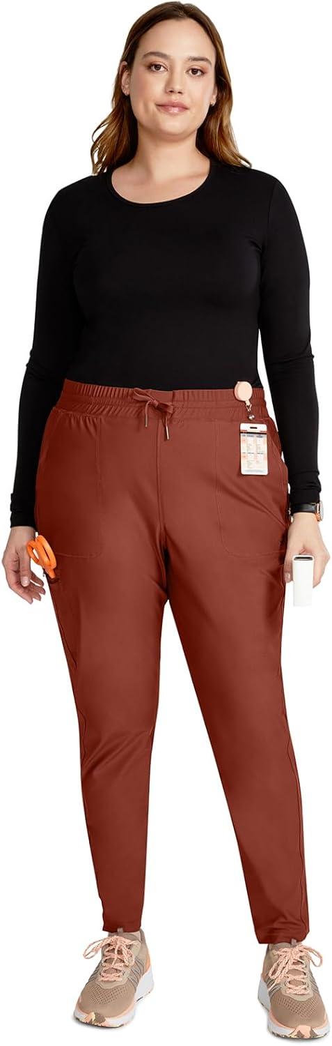 imageCherokee Womens Mid Rise Tapered Leg Drawstring Scrub Pants 5 Pocket 360 Stretch Moisture Wicking Easy Care CK095Masala