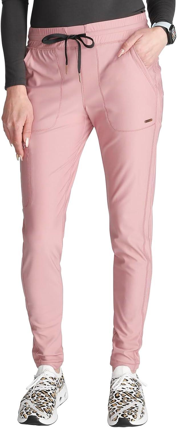 imageCherokee Womens Mid Rise Tapered Leg Drawstring Scrub Pants 5 Pocket 360 Stretch Moisture Wicking Easy Care CK095Mauve Orchid