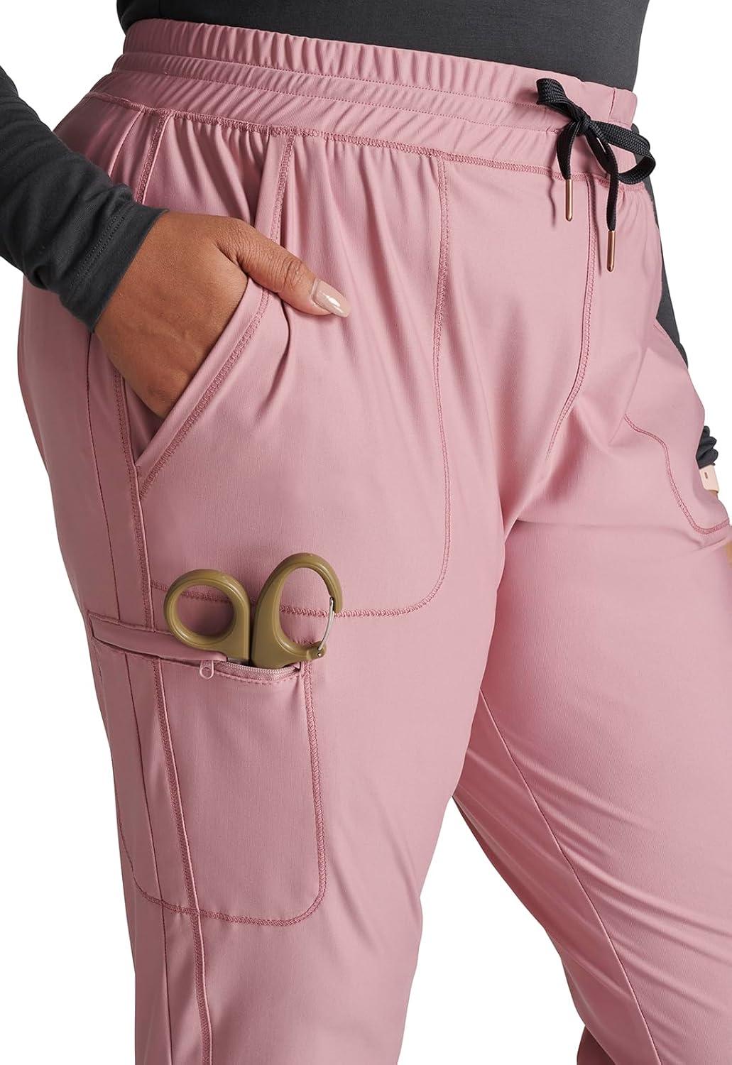 imageCherokee Womens Mid Rise Tapered Leg Drawstring Scrub Pants 5 Pocket 360 Stretch Moisture Wicking Easy Care CK095Mauve Orchid