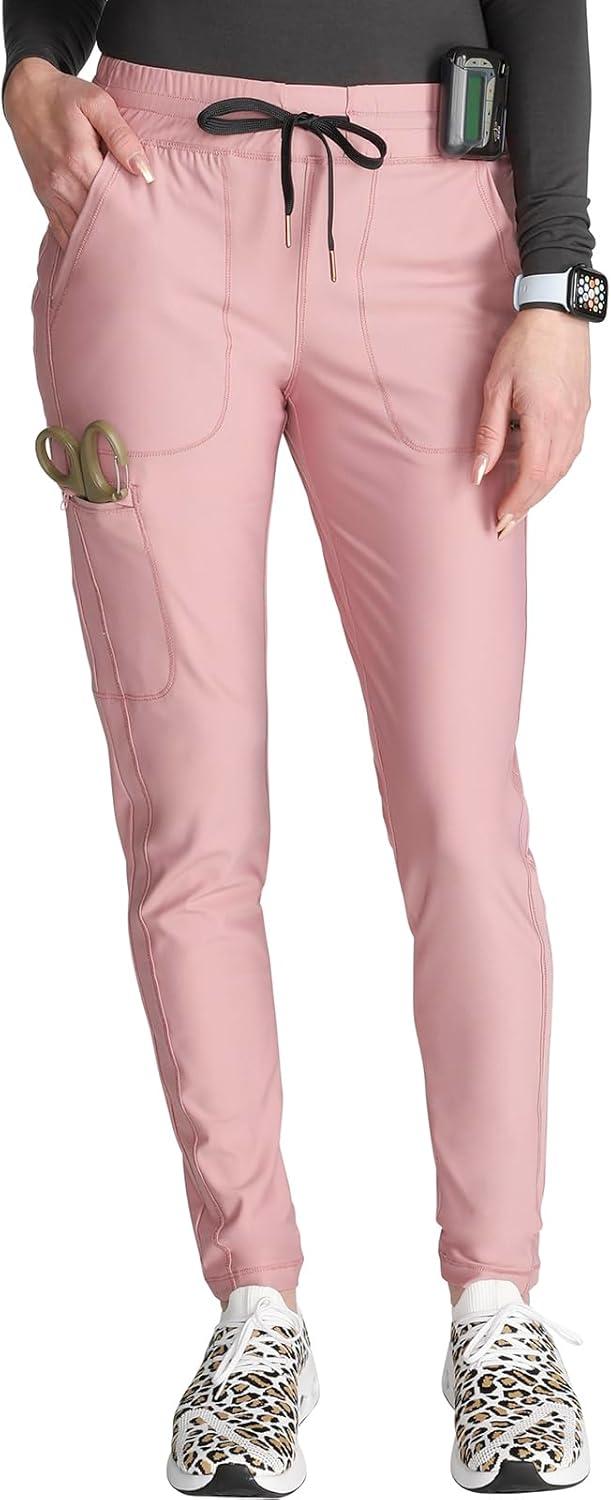 imageCherokee Womens Mid Rise Tapered Leg Drawstring Scrub Pants 5 Pocket 360 Stretch Moisture Wicking Easy Care CK095Mauve Orchid
