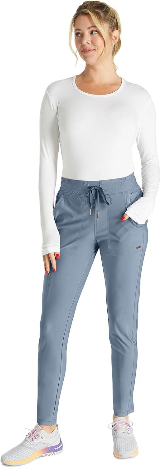 imageCherokee Womens Mid Rise Tapered Leg Drawstring Scrub Pants 5 Pocket 360 Stretch Moisture Wicking Easy Care CK095Ocean Ash