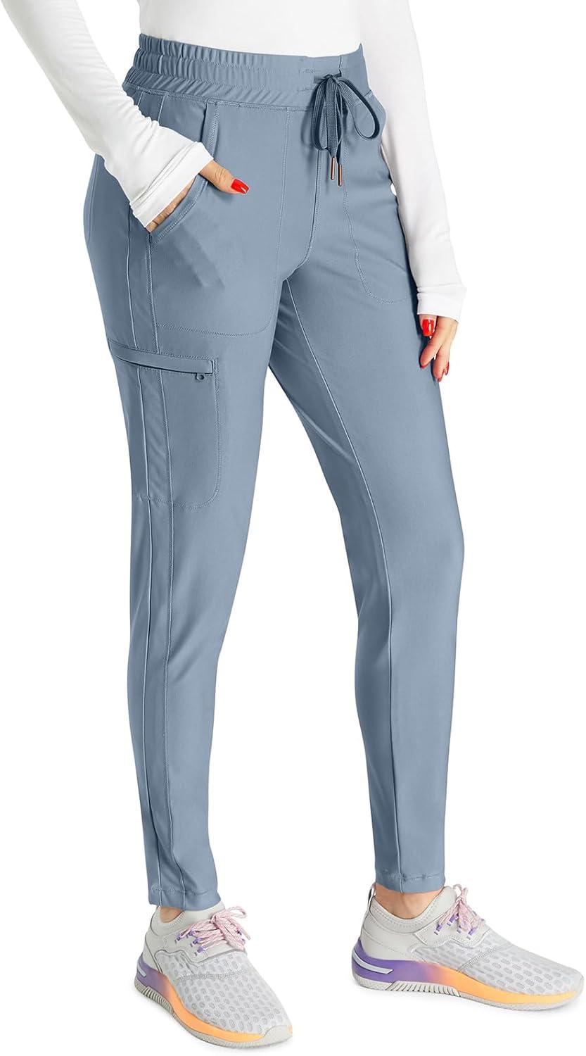 imageCherokee Womens Mid Rise Tapered Leg Drawstring Scrub Pants 5 Pocket 360 Stretch Moisture Wicking Easy Care CK095Ocean Ash