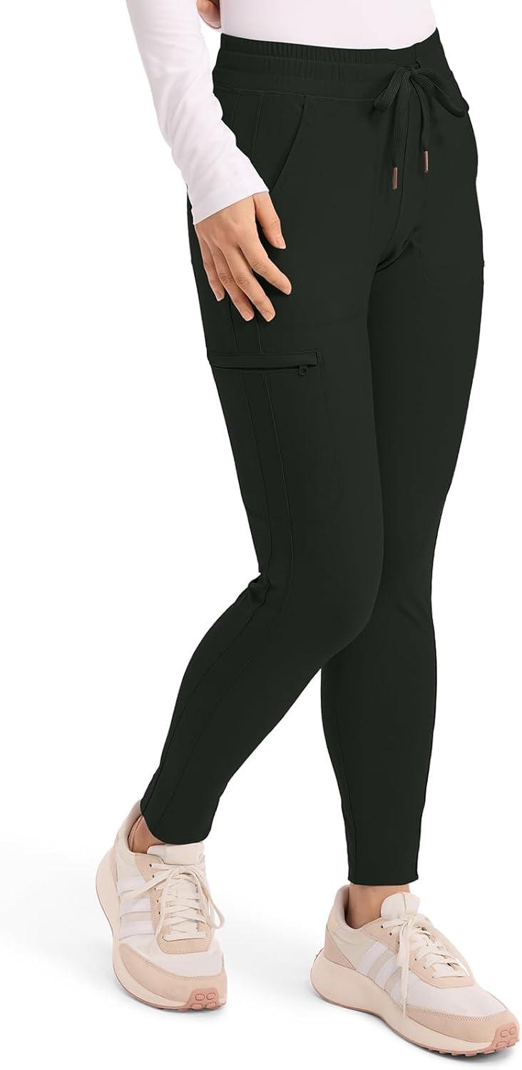 imageCherokee Womens Mid Rise Tapered Leg Drawstring Scrub Pants 5 Pocket 360 Stretch Moisture Wicking Easy Care CK095Olive Branch
