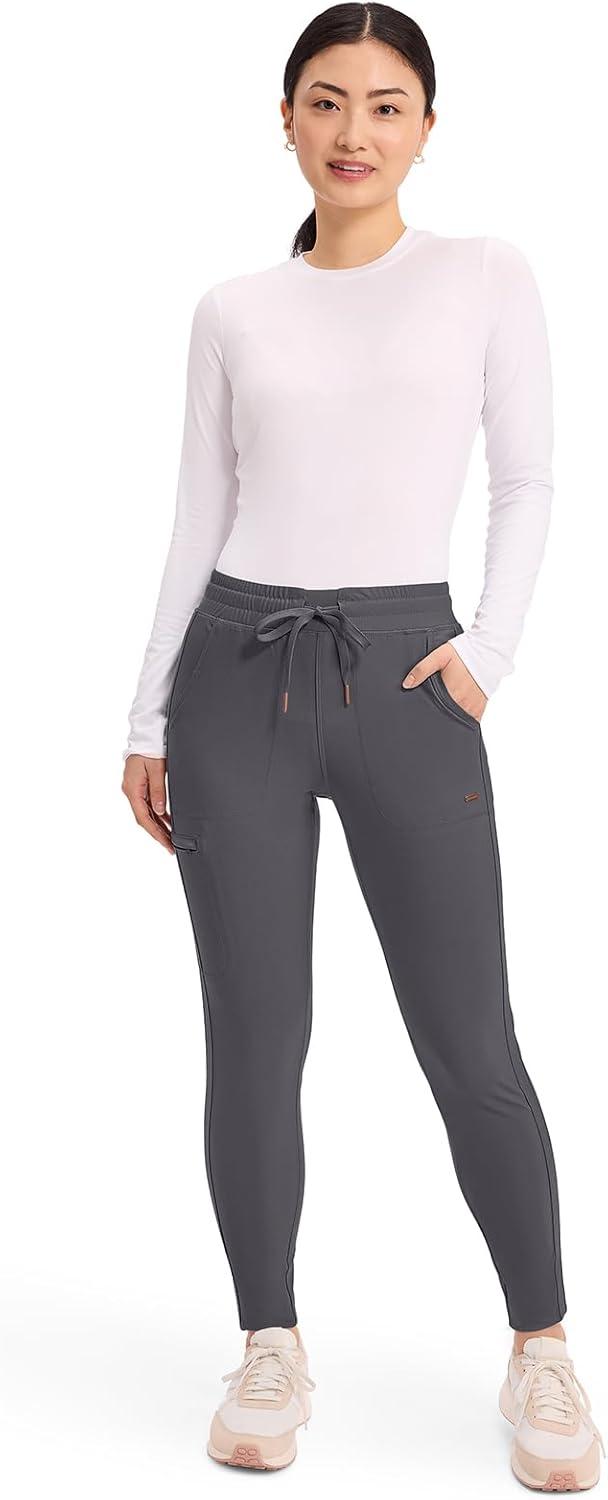 imageCherokee Womens Mid Rise Tapered Leg Drawstring Scrub Pants 5 Pocket 360 Stretch Moisture Wicking Easy Care CK095Pewter