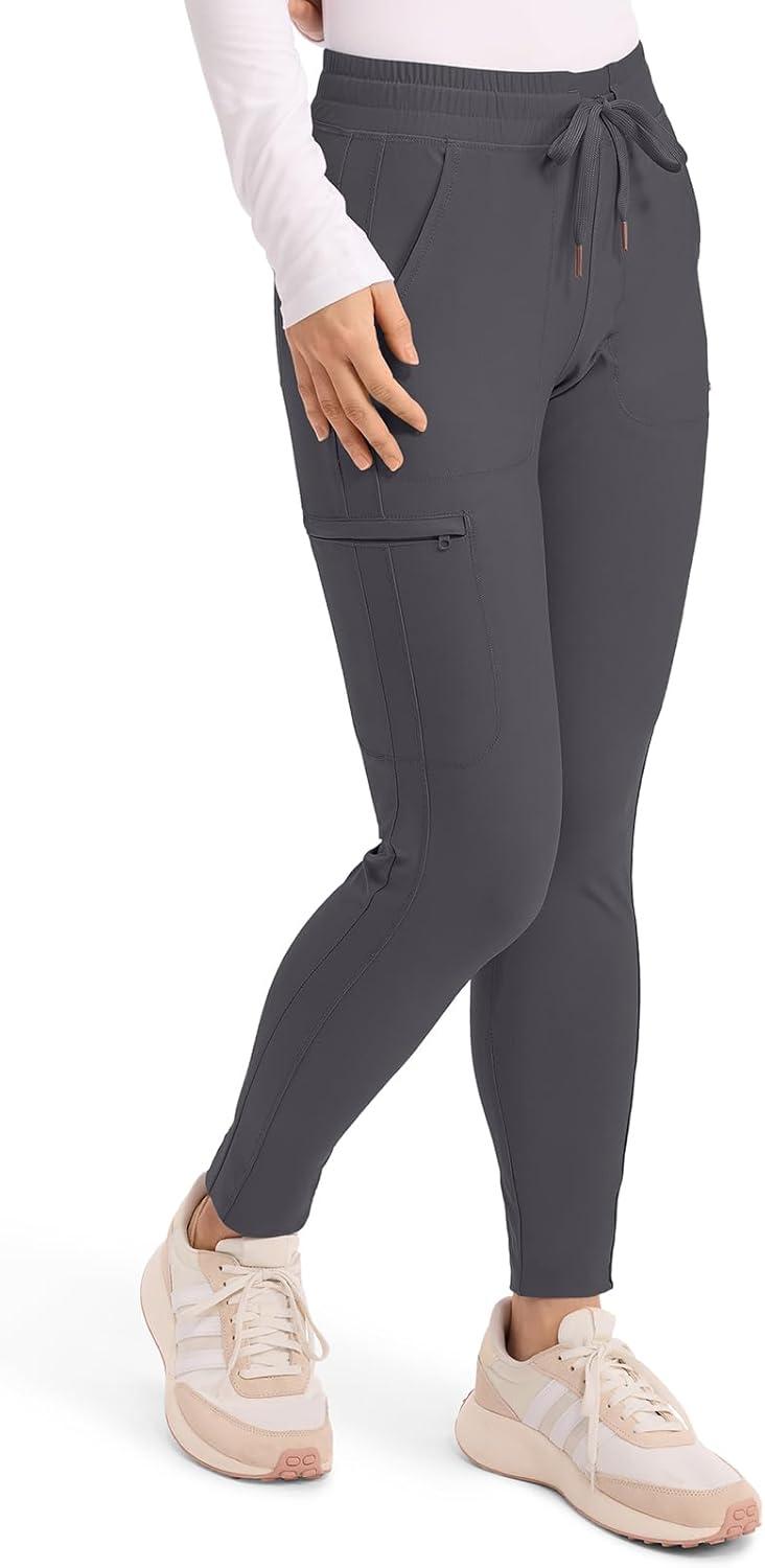 imageCherokee Womens Mid Rise Tapered Leg Drawstring Scrub Pants 5 Pocket 360 Stretch Moisture Wicking Easy Care CK095Pewter