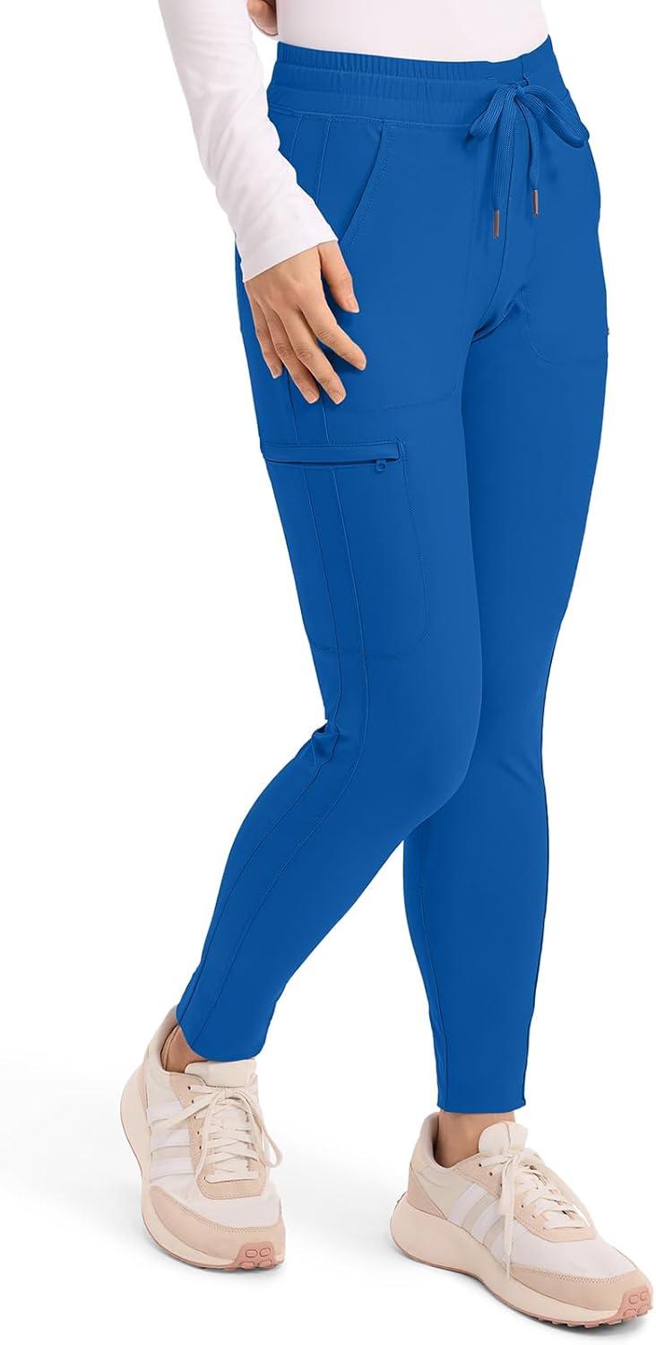 imageCherokee Womens Mid Rise Tapered Leg Drawstring Scrub Pants 5 Pocket 360 Stretch Moisture Wicking Easy Care CK095Royal