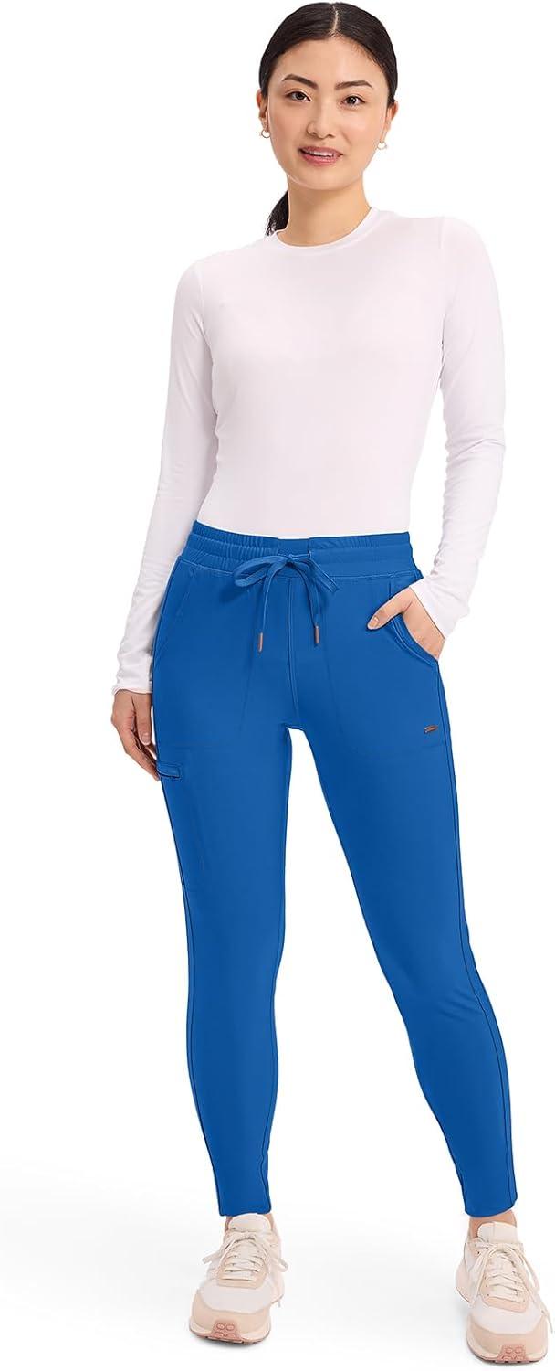 imageCherokee Womens Mid Rise Tapered Leg Drawstring Scrub Pants 5 Pocket 360 Stretch Moisture Wicking Easy Care CK095Royal