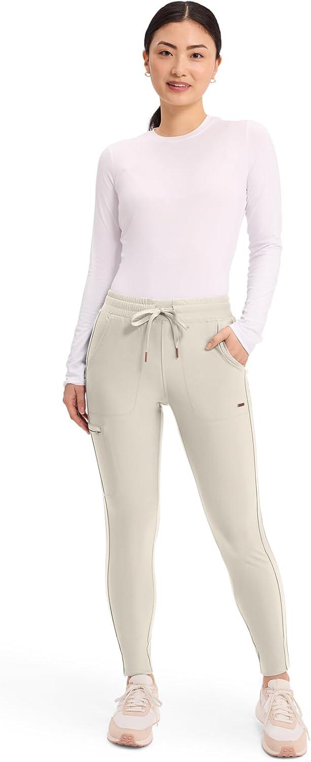 imageCherokee Womens Mid Rise Tapered Leg Drawstring Scrub Pants 5 Pocket 360 Stretch Moisture Wicking Easy Care CK095Summer Sand