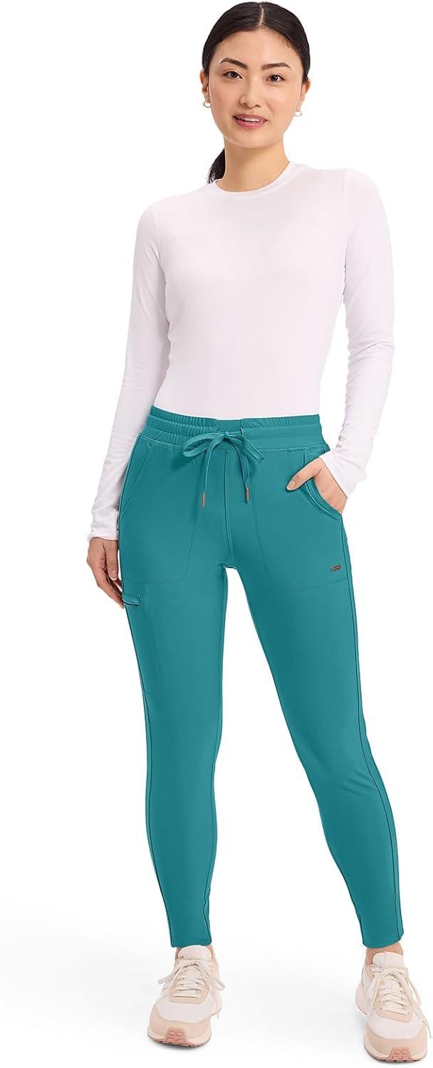 imageCherokee Womens Mid Rise Tapered Leg Drawstring Scrub Pants 5 Pocket 360 Stretch Moisture Wicking Easy Care CK095Teal Blue