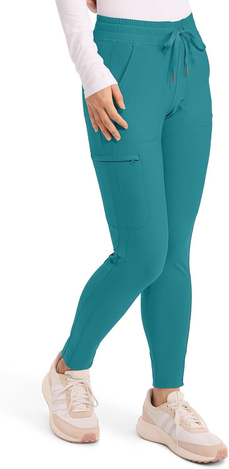 imageCherokee Womens Mid Rise Tapered Leg Drawstring Scrub Pants 5 Pocket 360 Stretch Moisture Wicking Easy Care CK095Teal Blue