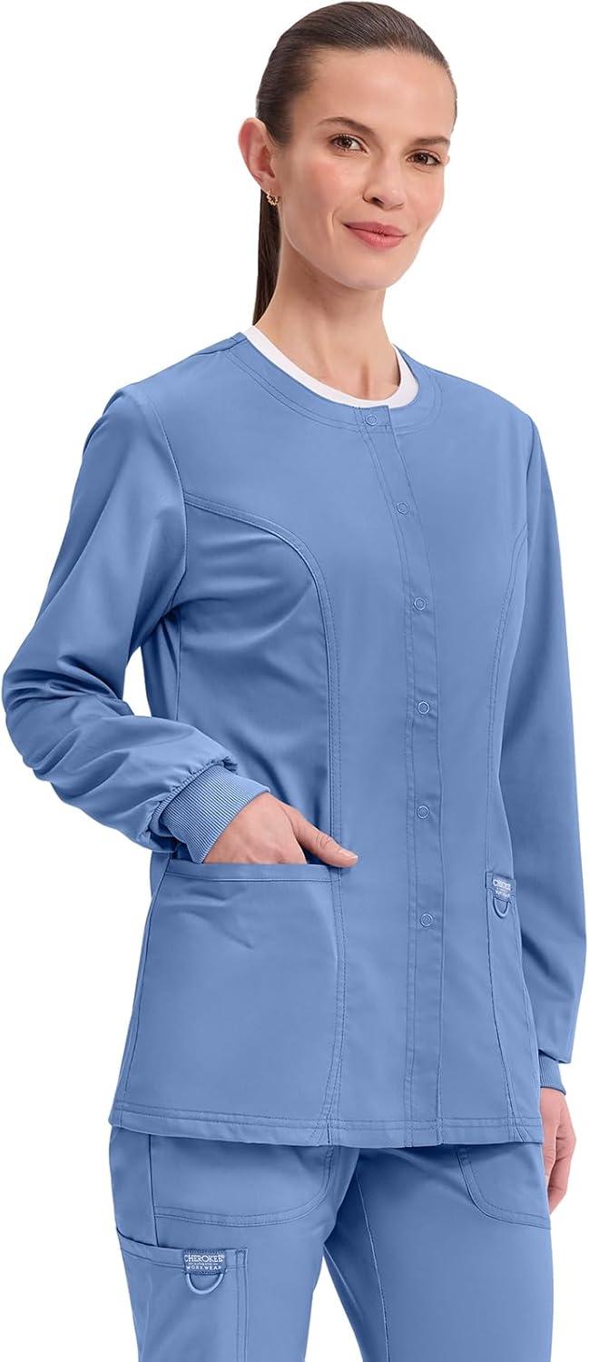 imageCherokee Womens Scrub Jacket Nurse Snap Front Medical Uniform with Pockets 2Way Stretch Easy Care Soft Fabric WW310Ciel Blue