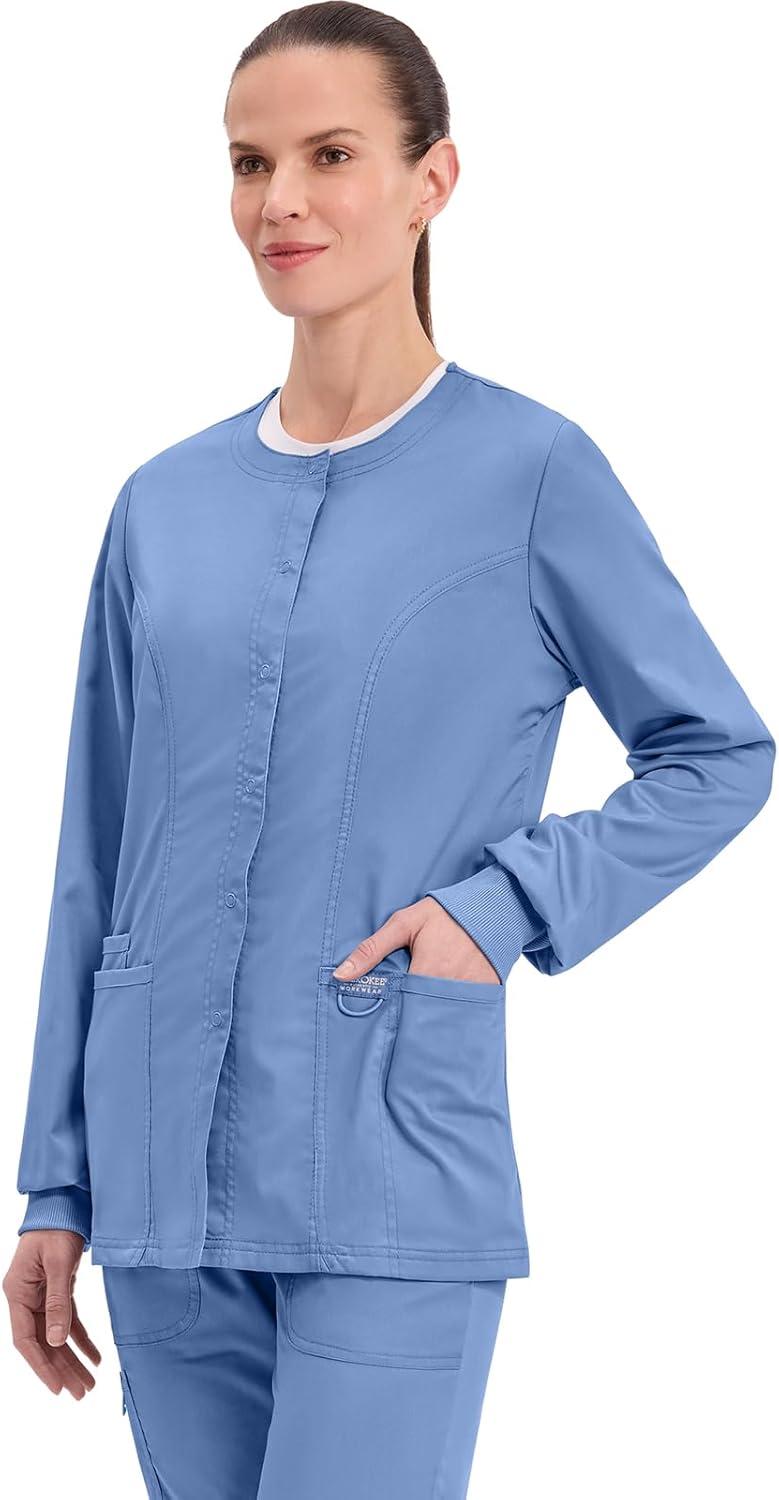 imageCherokee Womens Scrub Jacket Nurse Snap Front Medical Uniform with Pockets 2Way Stretch Easy Care Soft Fabric WW310Ciel Blue