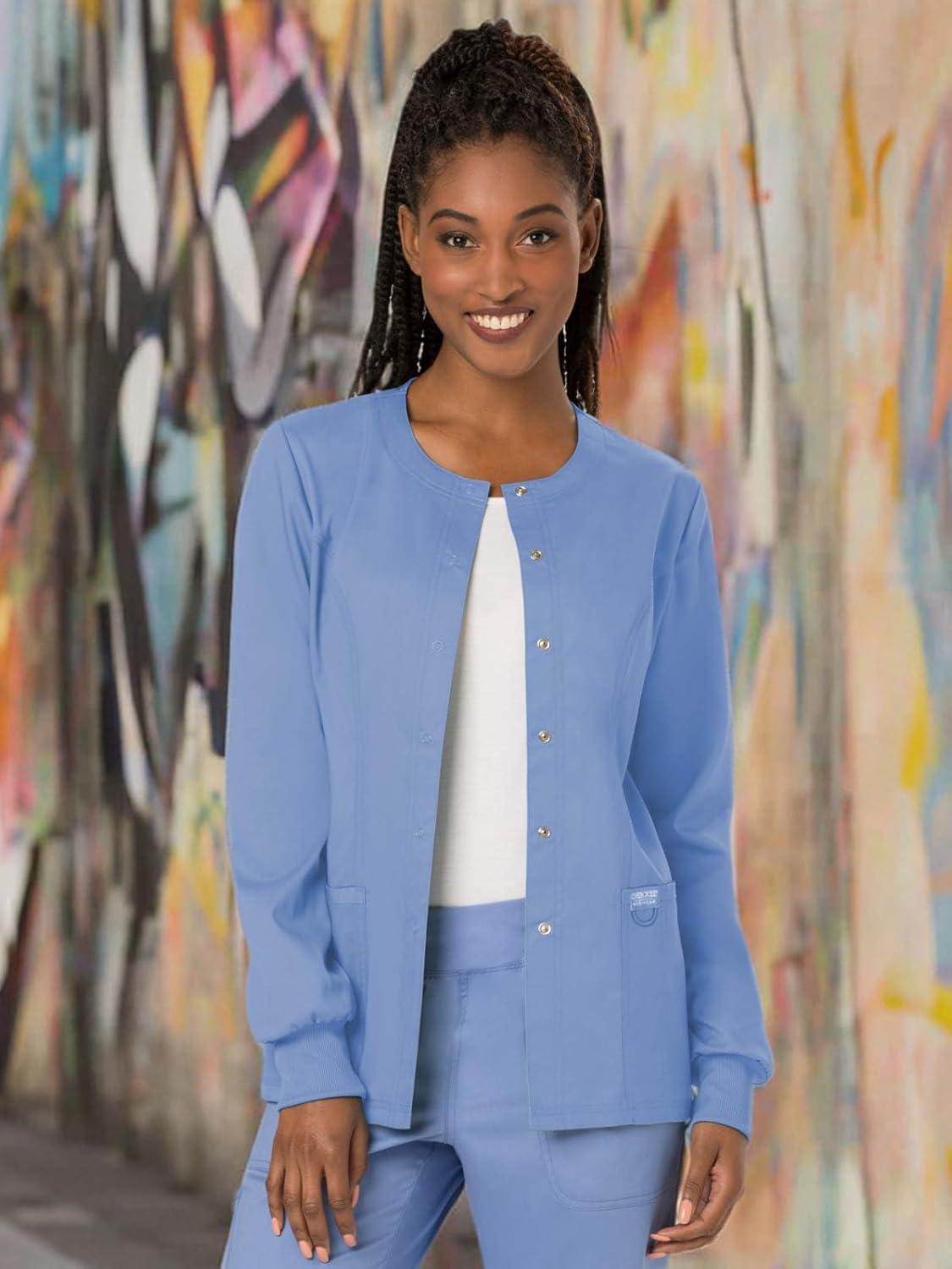imageCherokee Womens Scrub Jacket Nurse Snap Front Medical Uniform with Pockets 2Way Stretch Easy Care Soft Fabric WW310Ciel Blue