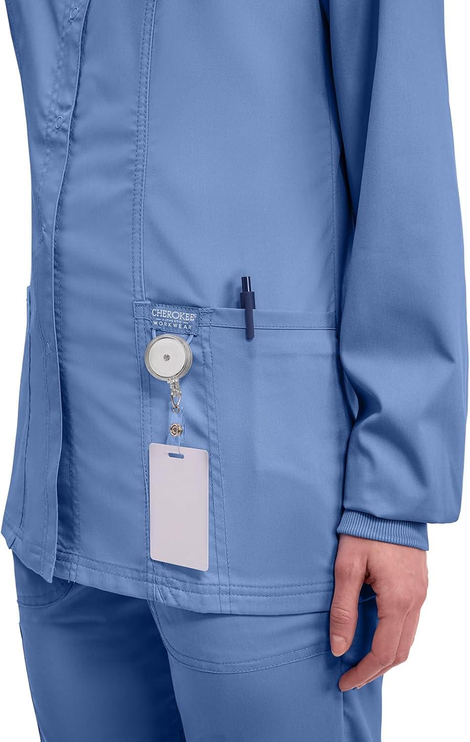 imageCherokee Womens Scrub Jacket Nurse Snap Front Medical Uniform with Pockets 2Way Stretch Easy Care Soft Fabric WW310Ciel Blue