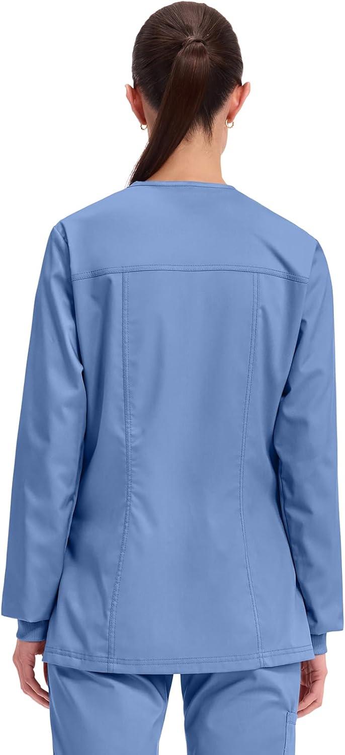imageCherokee Womens Scrub Jacket Nurse Snap Front Medical Uniform with Pockets 2Way Stretch Easy Care Soft Fabric WW310Ciel Blue