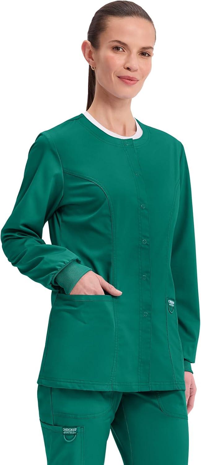 imageCherokee Womens Scrub Jacket Nurse Snap Front Medical Uniform with Pockets 2Way Stretch Easy Care Soft Fabric WW310Hunter Green