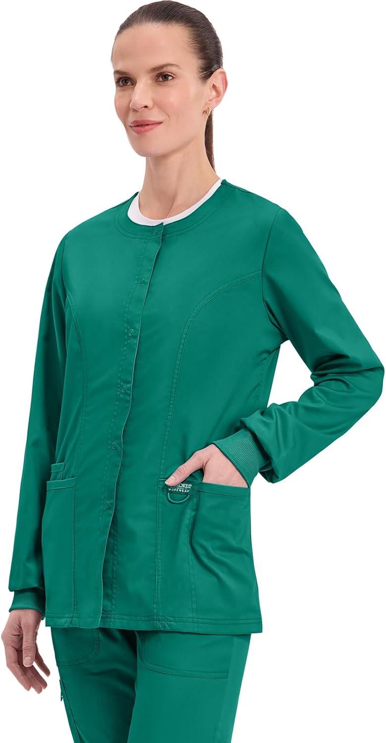 imageCherokee Womens Scrub Jacket Nurse Snap Front Medical Uniform with Pockets 2Way Stretch Easy Care Soft Fabric WW310Hunter Green
