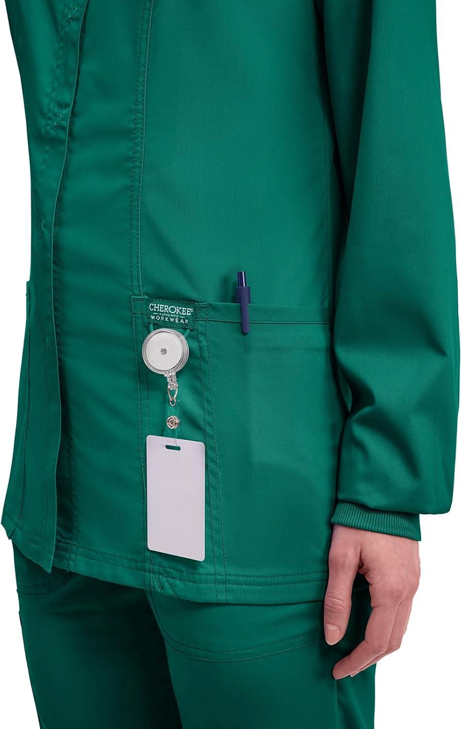 imageCherokee Womens Scrub Jacket Nurse Snap Front Medical Uniform with Pockets 2Way Stretch Easy Care Soft Fabric WW310Hunter Green
