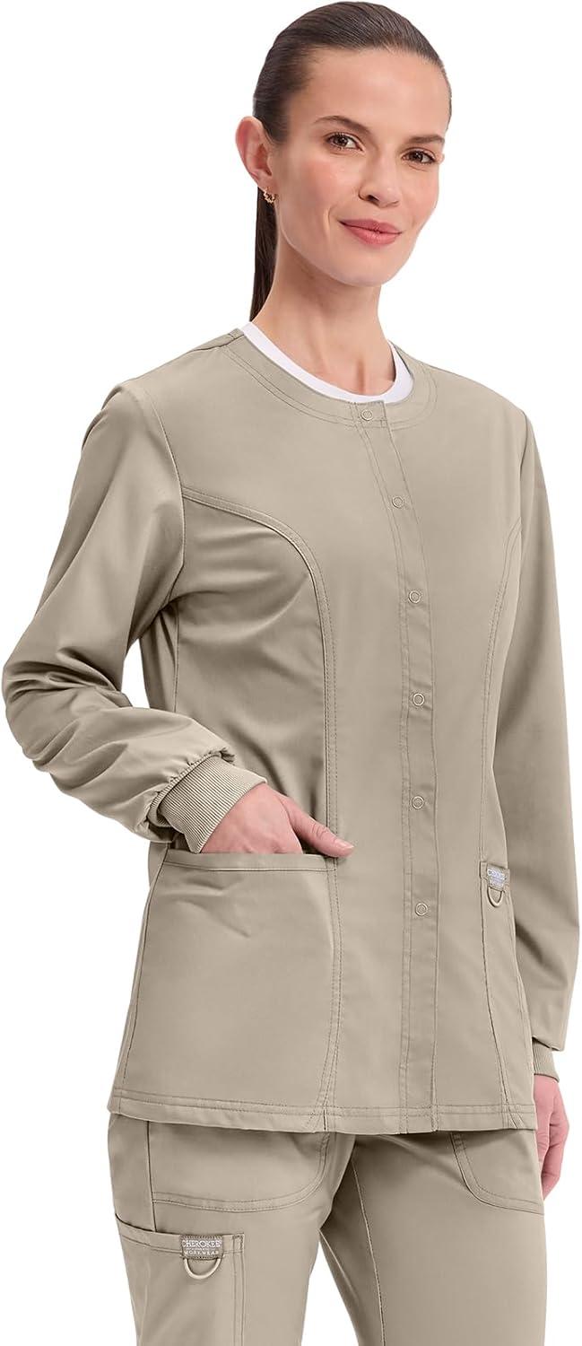 imageCherokee Womens Scrub Jacket Nurse Snap Front Medical Uniform with Pockets 2Way Stretch Easy Care Soft Fabric WW310Khaki