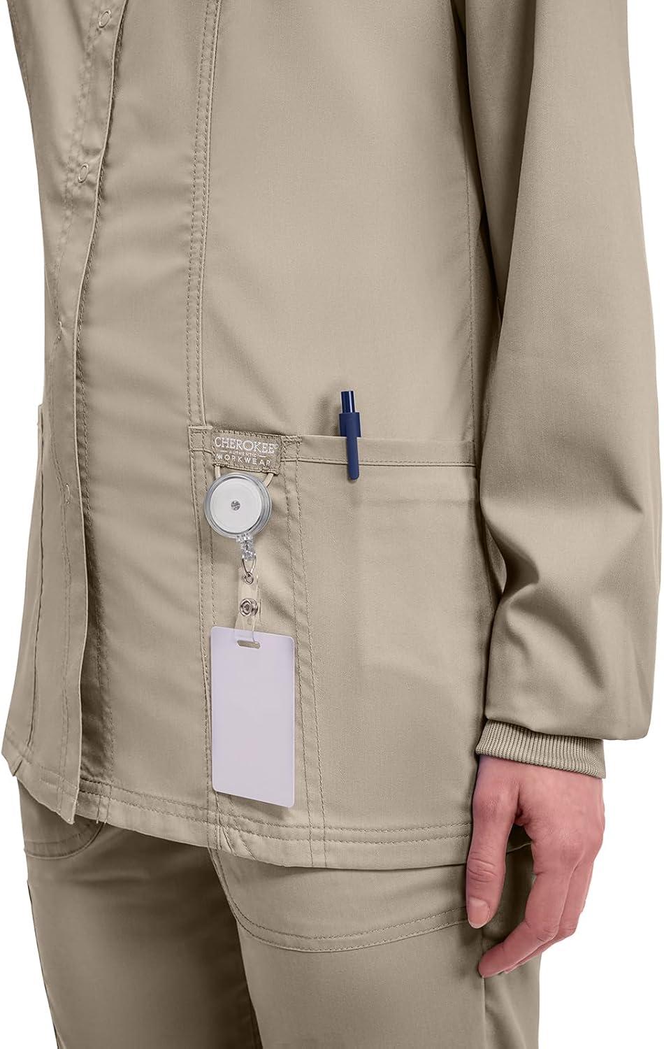 imageCherokee Womens Scrub Jacket Nurse Snap Front Medical Uniform with Pockets 2Way Stretch Easy Care Soft Fabric WW310Khaki