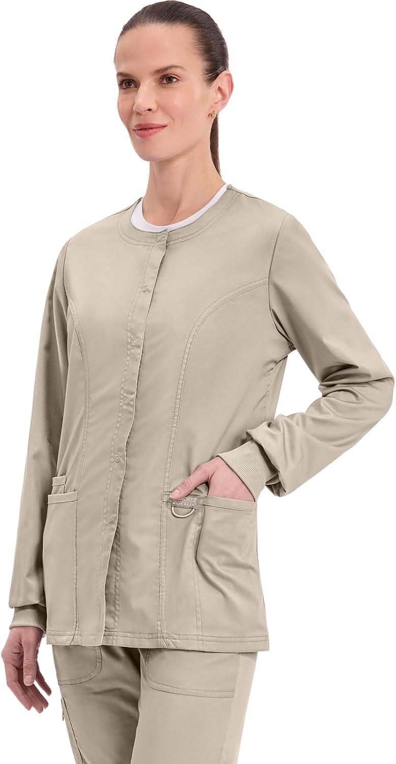imageCherokee Womens Scrub Jacket Nurse Snap Front Medical Uniform with Pockets 2Way Stretch Easy Care Soft Fabric WW310Khaki