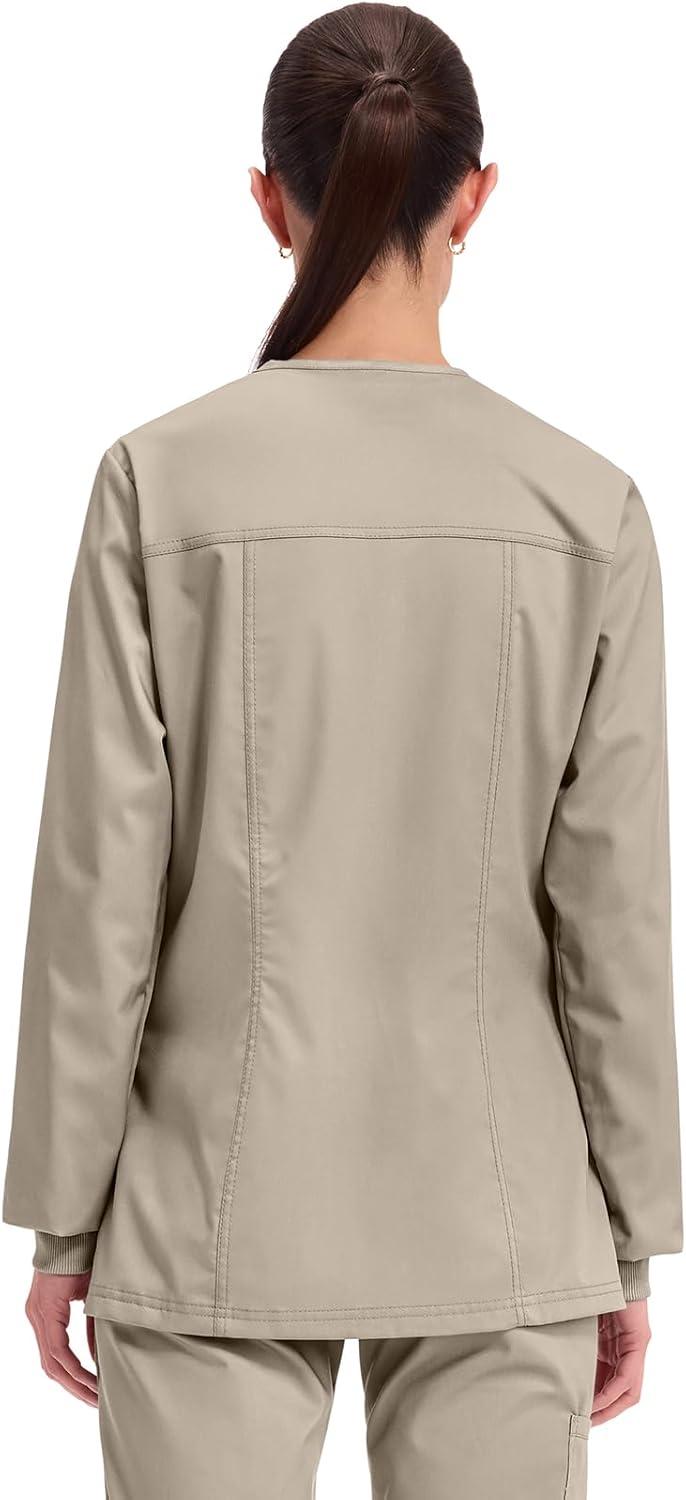 imageCherokee Womens Scrub Jacket Nurse Snap Front Medical Uniform with Pockets 2Way Stretch Easy Care Soft Fabric WW310Khaki