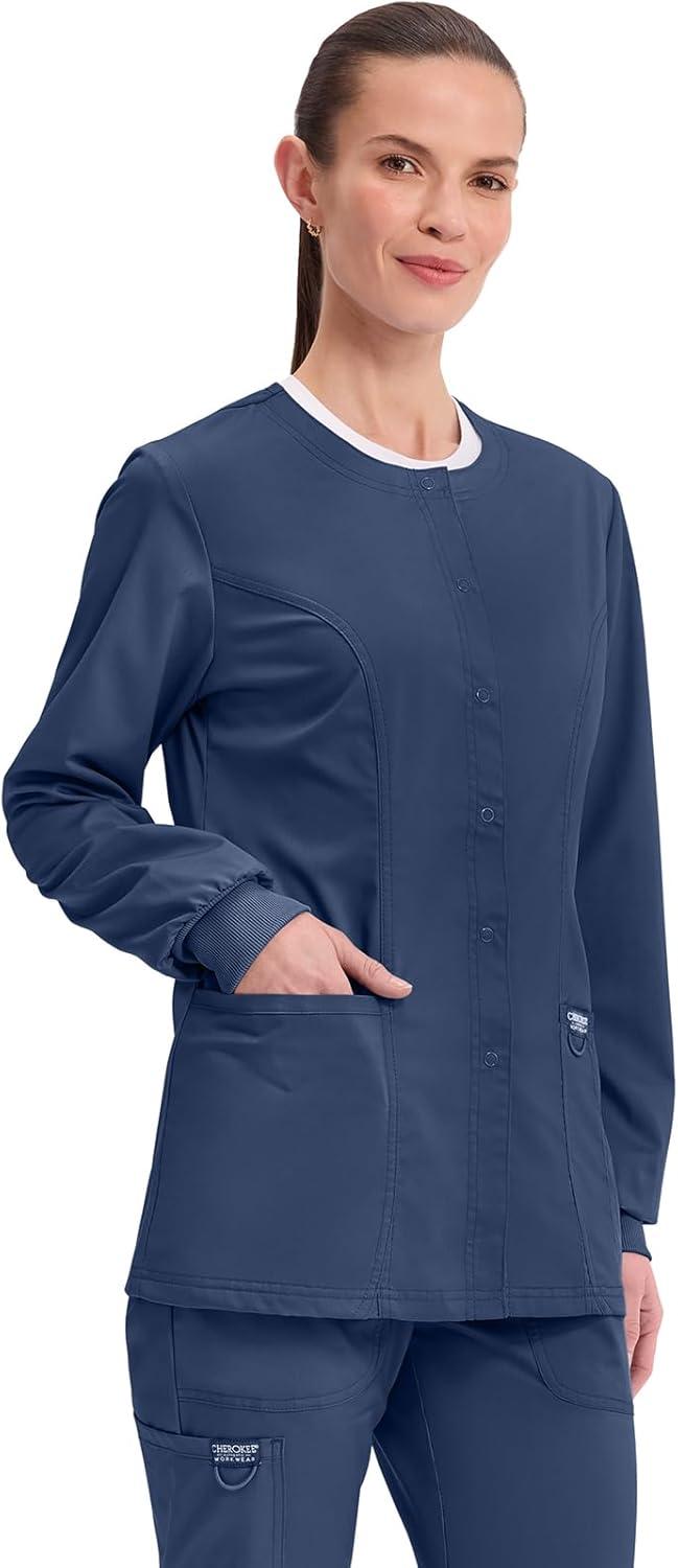 imageCherokee Womens Scrub Jacket Nurse Snap Front Medical Uniform with Pockets 2Way Stretch Easy Care Soft Fabric WW310Navy
