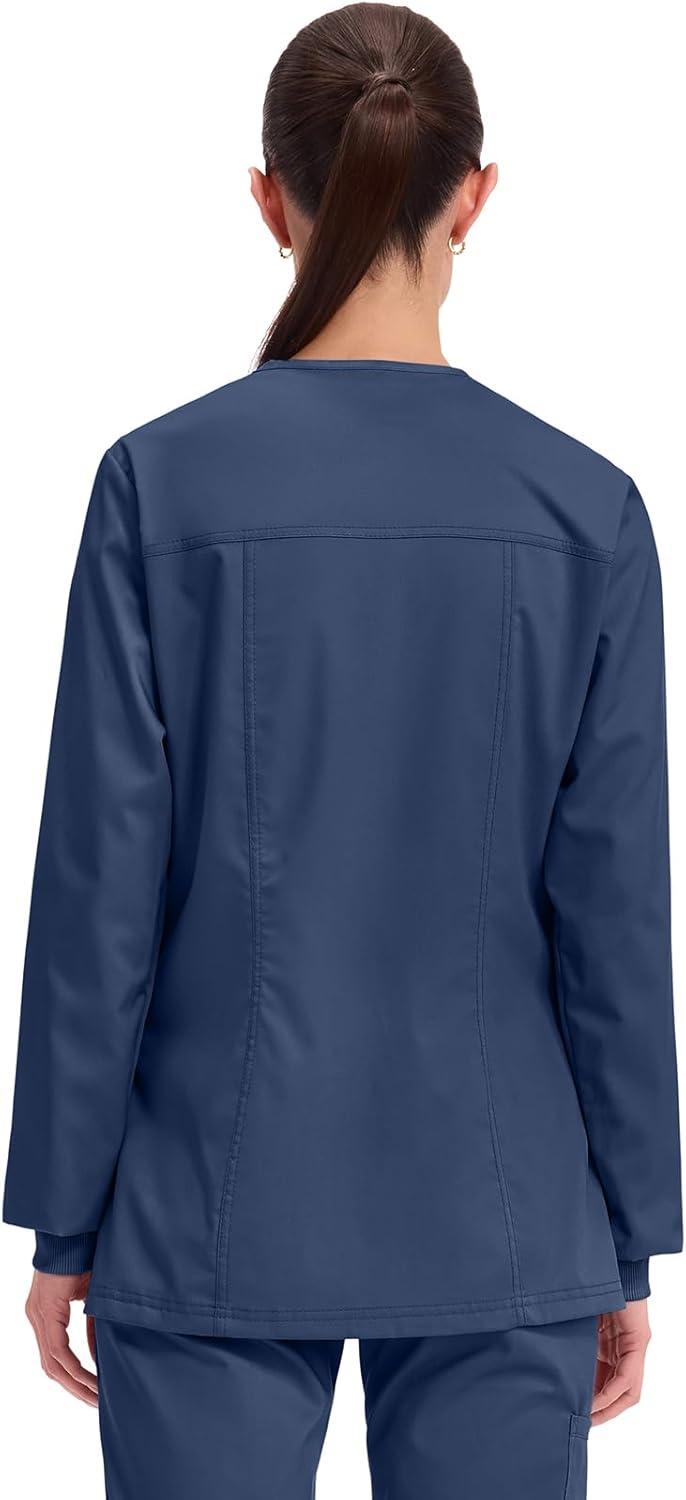 imageCherokee Womens Scrub Jacket Nurse Snap Front Medical Uniform with Pockets 2Way Stretch Easy Care Soft Fabric WW310Navy