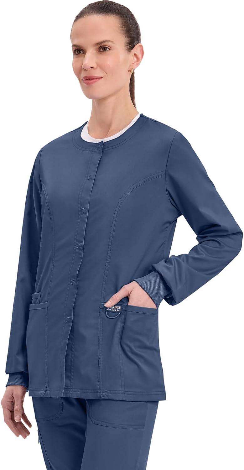 imageCherokee Womens Scrub Jacket Nurse Snap Front Medical Uniform with Pockets 2Way Stretch Easy Care Soft Fabric WW310Navy