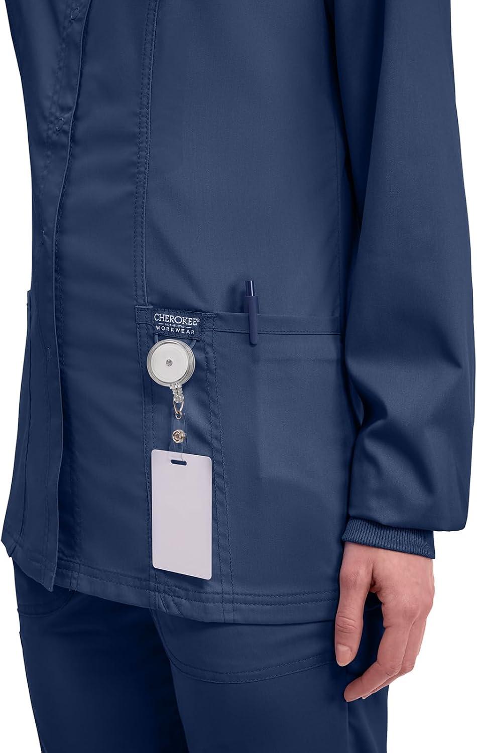imageCherokee Womens Scrub Jacket Nurse Snap Front Medical Uniform with Pockets 2Way Stretch Easy Care Soft Fabric WW310Navy