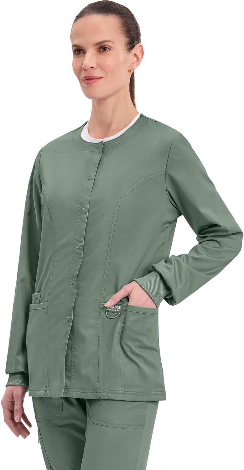 imageCherokee Womens Scrub Jacket Nurse Snap Front Medical Uniform with Pockets 2Way Stretch Easy Care Soft Fabric WW310Olive