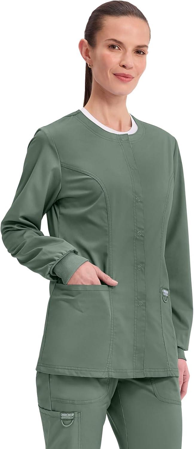 imageCherokee Womens Scrub Jacket Nurse Snap Front Medical Uniform with Pockets 2Way Stretch Easy Care Soft Fabric WW310Olive
