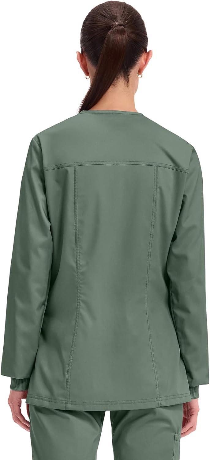 imageCherokee Womens Scrub Jacket Nurse Snap Front Medical Uniform with Pockets 2Way Stretch Easy Care Soft Fabric WW310Olive