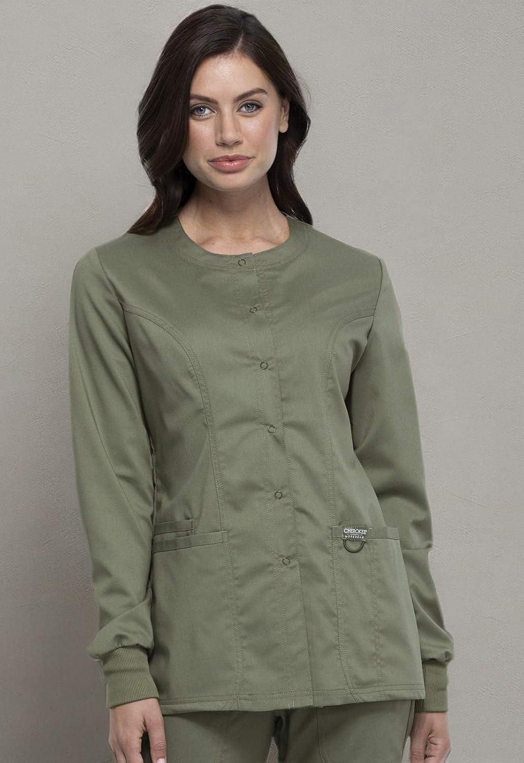 imageCherokee Womens Scrub Jacket Nurse Snap Front Medical Uniform with Pockets 2Way Stretch Easy Care Soft Fabric WW310Olive