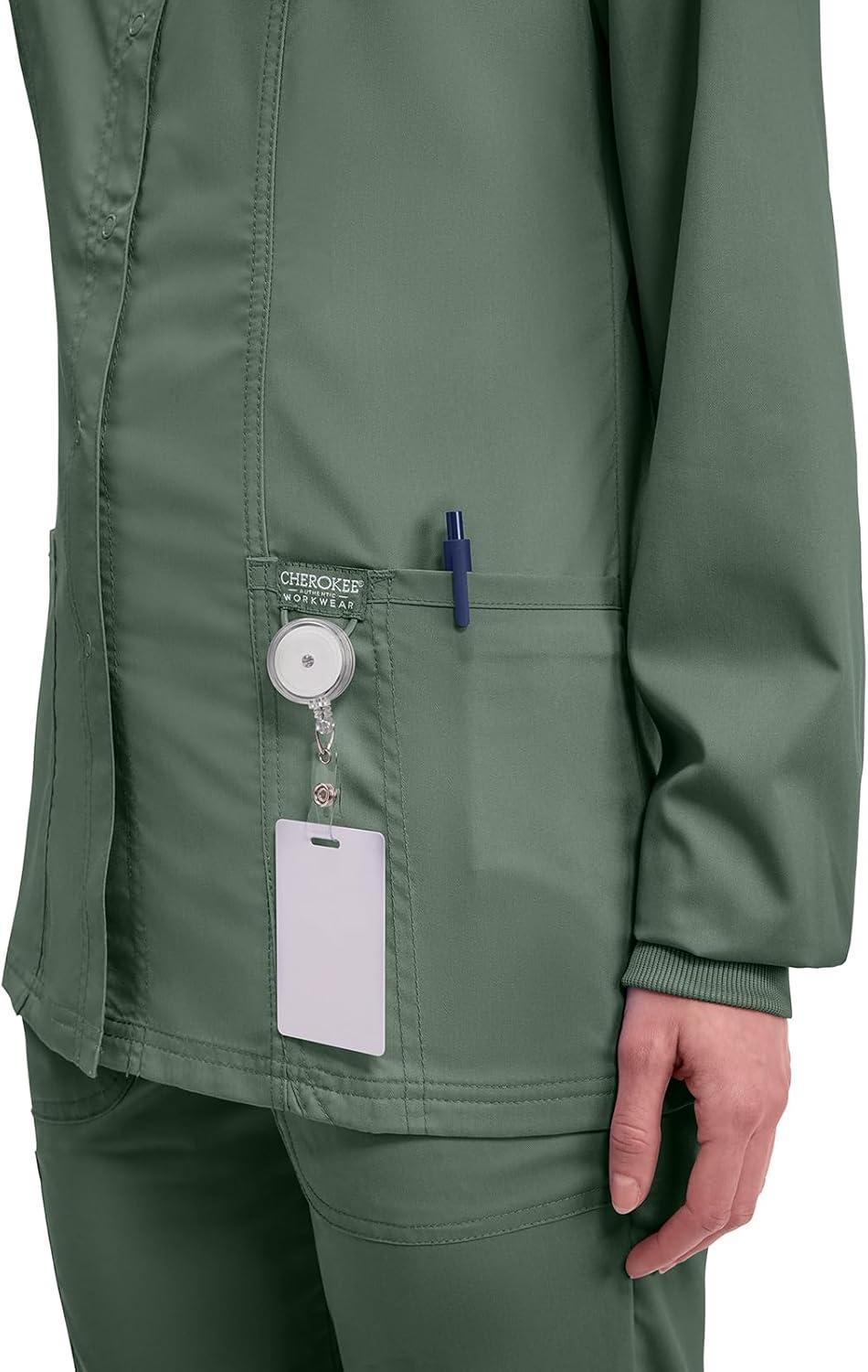imageCherokee Womens Scrub Jacket Nurse Snap Front Medical Uniform with Pockets 2Way Stretch Easy Care Soft Fabric WW310Olive