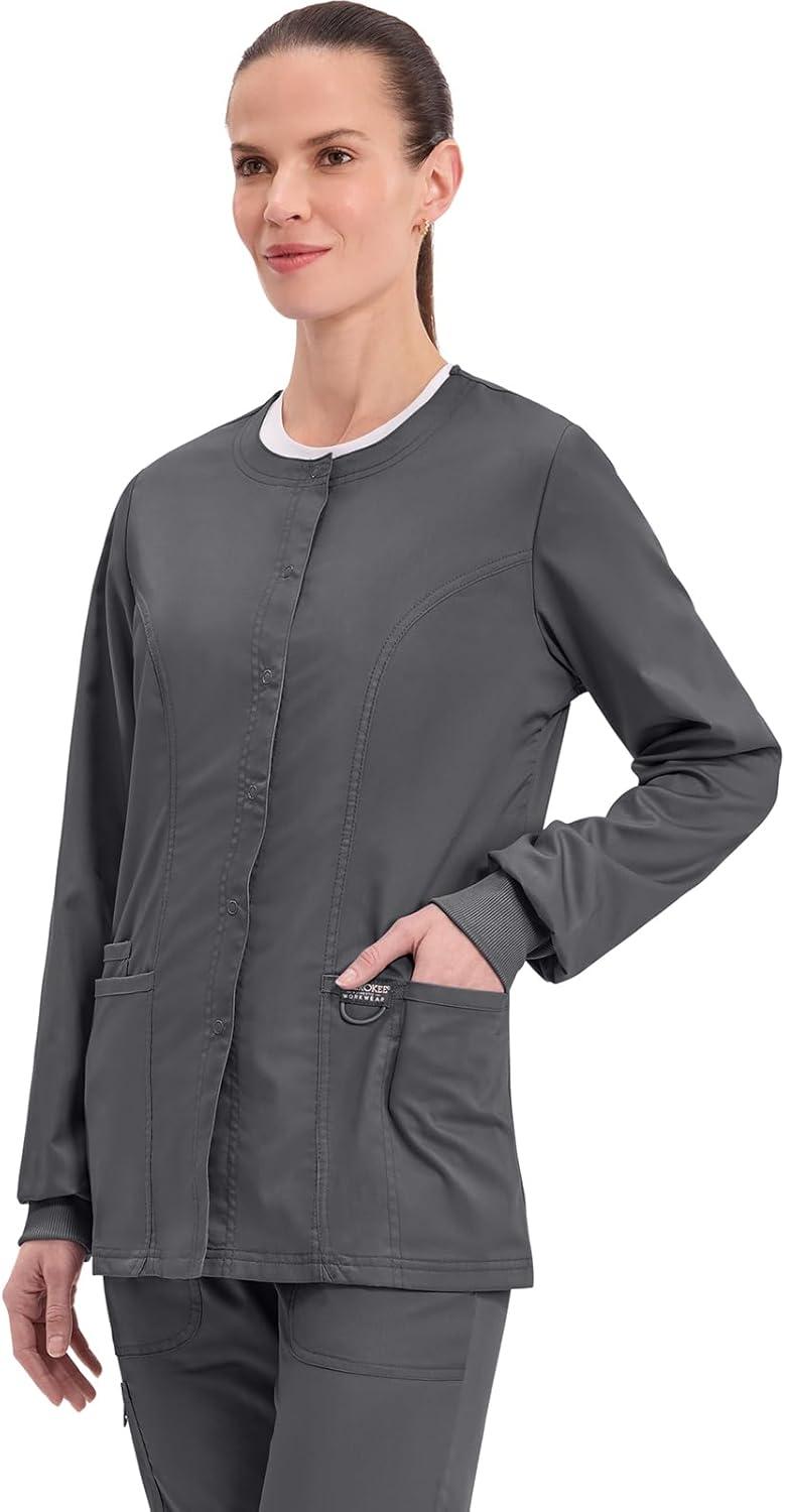 imageCherokee Womens Scrub Jacket Nurse Snap Front Medical Uniform with Pockets 2Way Stretch Easy Care Soft Fabric WW310Pewter